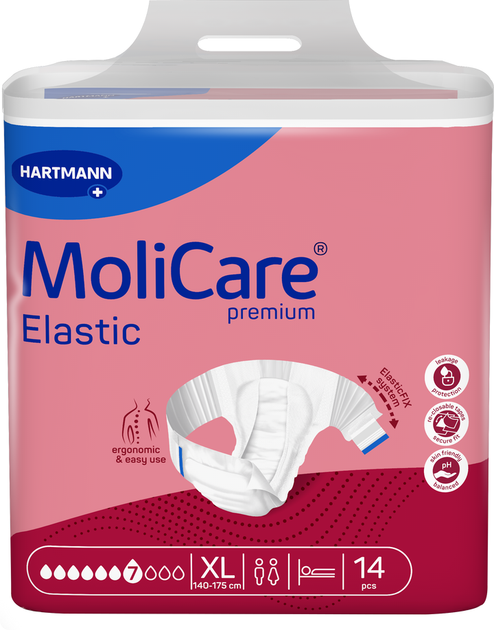 A package of Hartmann MoliCare Premium Elastic incontinence underwear, size XL, containing 14 pieces. The packaging is primarily pink with a blue brand header and a dark red bottom section, featuring a graphic of the white elastic underwear.