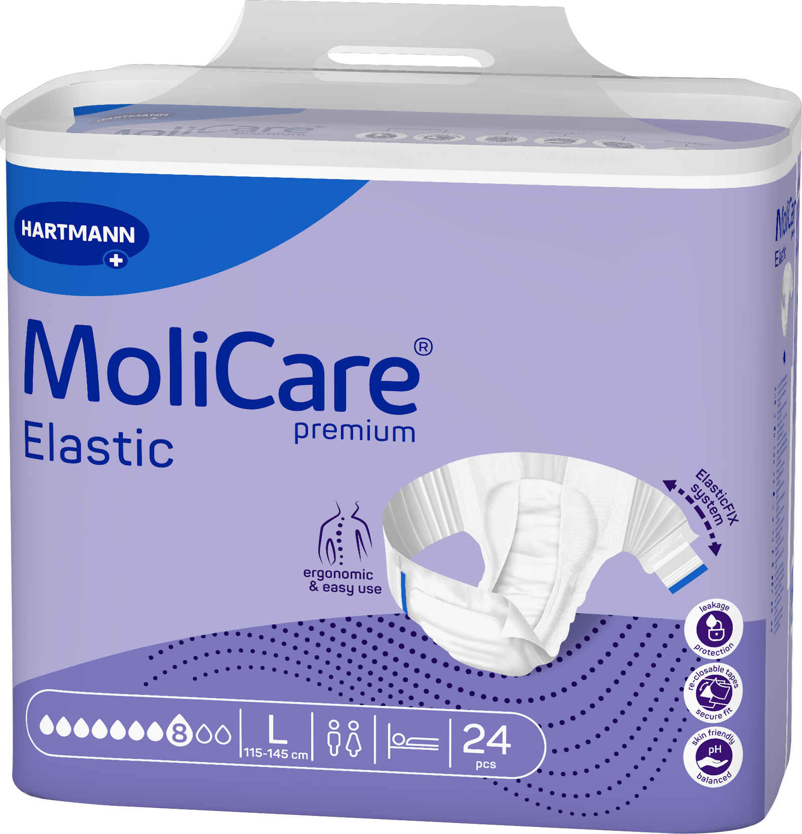 A package of Hartmann MoliCare Elastic premium incontinence underwear, size L, containing 24 pieces. The packaging is lavender purple with a white top flap and features a graphic of the white elastic underwear on the front.