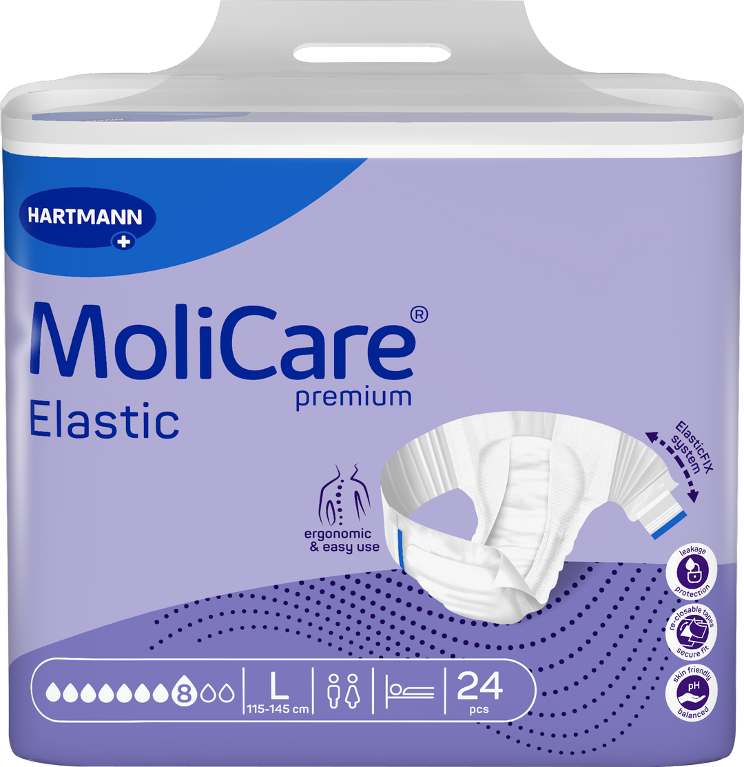 Hartmann MoliCare Premium Elastic incontinence underwear in a 24-pack, shown in its original retail packaging. The packaging is light purple with blue accents, featuring a graphic of the white elastic underwear and icons indicating key features like ergonomic fit and easy use.