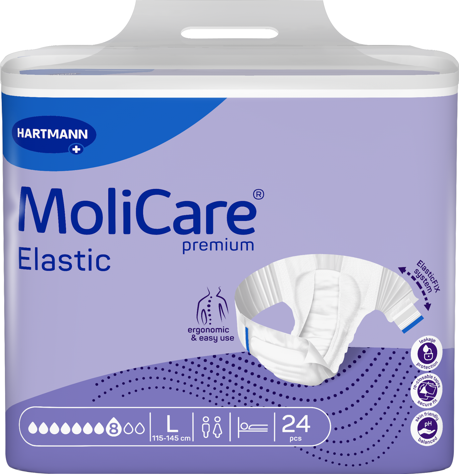 Hartmann MoliCare Premium Elastic incontinence underwear in a 24-pack, shown in its original retail packaging. The packaging is light purple with blue accents, featuring a graphic of the white elastic underwear and icons indicating key features like ergonomic fit and easy use.
