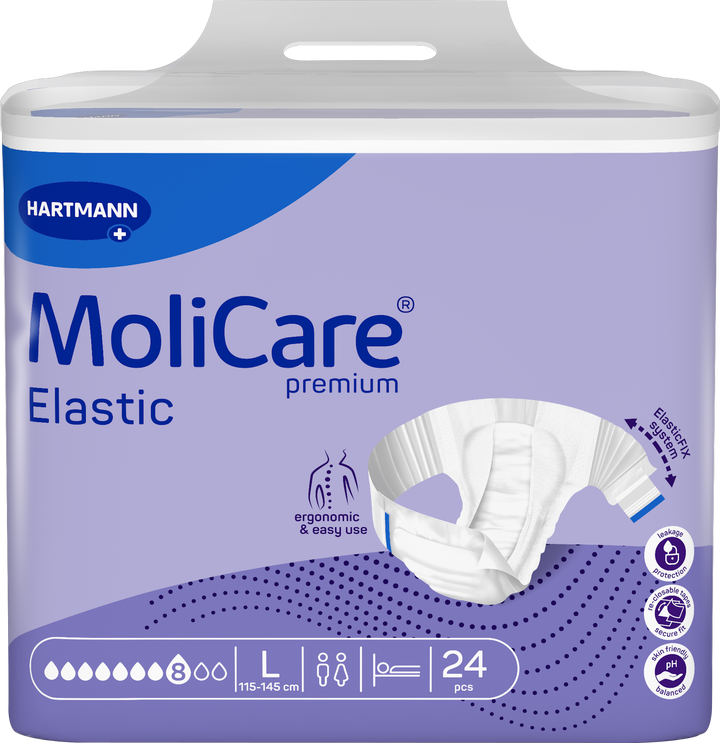 Hartmann MoliCare Premium Elastic incontinence underwear in a 24-pack, shown in its original retail packaging. The packaging is light purple with blue accents, featuring a graphic of the white elastic underwear and icons indicating key features like ergonomic fit and easy use.