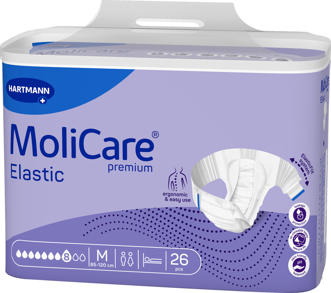 A package of Hartmann MoliCare Premium Elastic incontinence pads, size M, containing 26 pads, shown against a plain white background.