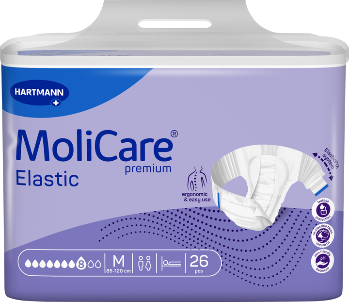 A package of Hartmann MoliCare Premium Elastic undergarment training pants, size M, containing 26 pieces. The packaging is lavender purple with blue branding and a graphic showing the white elastic underwear product.