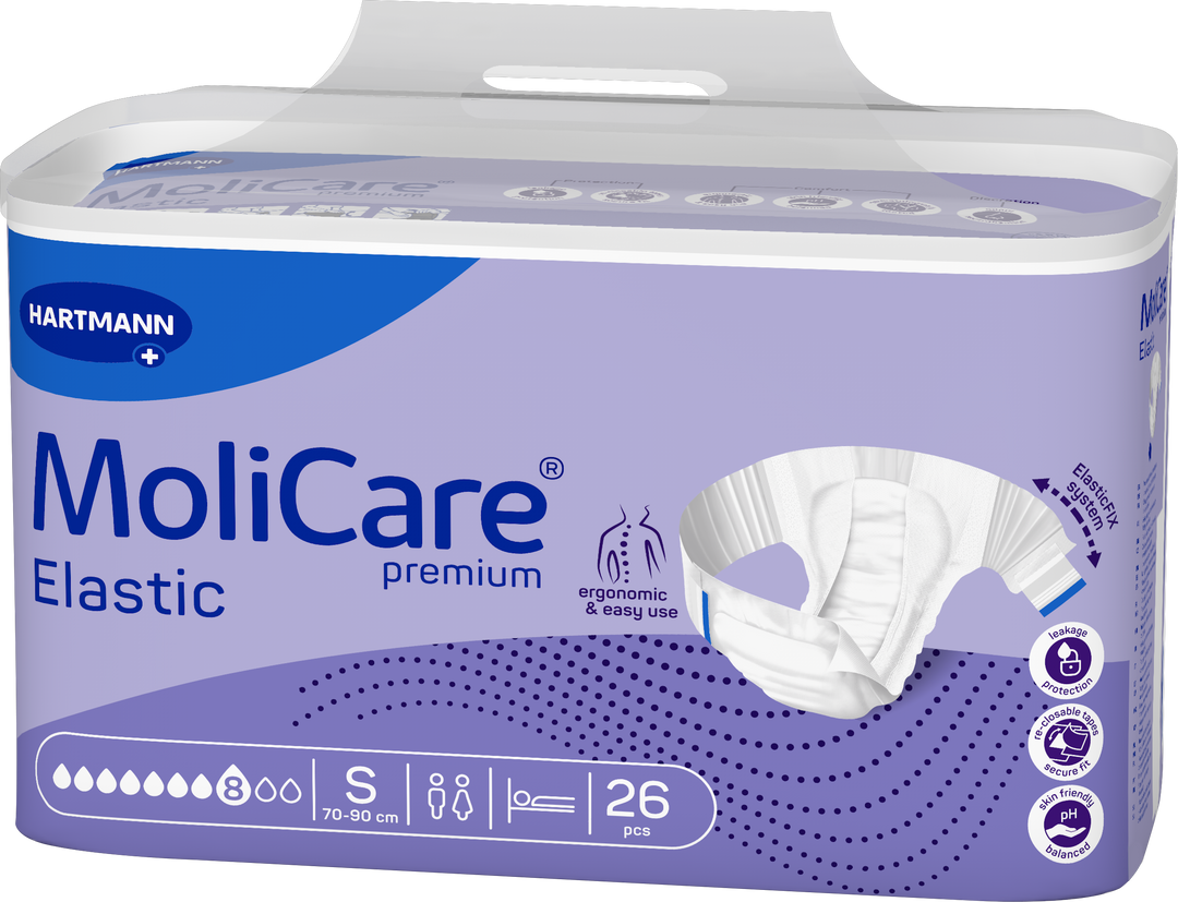 Hartmann MoliCare Premium Elastic incontinence underwear packaging, size S, containing 26 pieces. The box is lavender purple with blue branding and a graphic of the white elastic underwear.