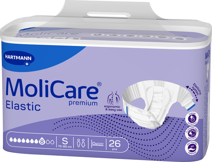 Hartmann MoliCare Premium Elastic incontinence underwear packaging, size S, containing 26 pieces. The box is lavender purple with blue branding and a graphic of the white elastic underwear.