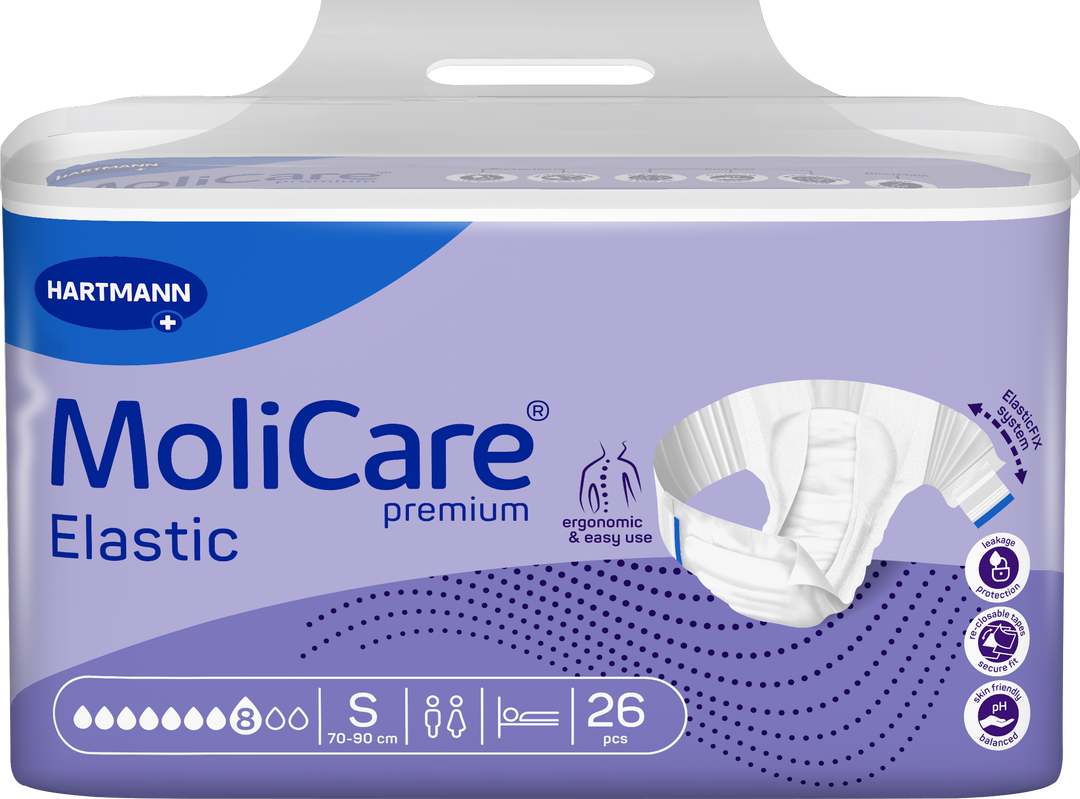 A package of Hartmann MoliCare Premium Elastic undergarments, size S, containing 26 pieces. The packaging is primarily lavender purple with a blue brand logo banner at the top left and a white graphic of the elastic underwear on the right side.