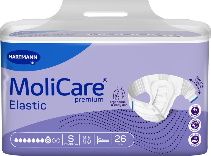 A package of Hartmann MoliCare Premium Elastic undergarments, size S, containing 26 pieces. The packaging is primarily lavender purple with a blue brand logo banner at the top left and a white graphic of the elastic underwear on the right side.