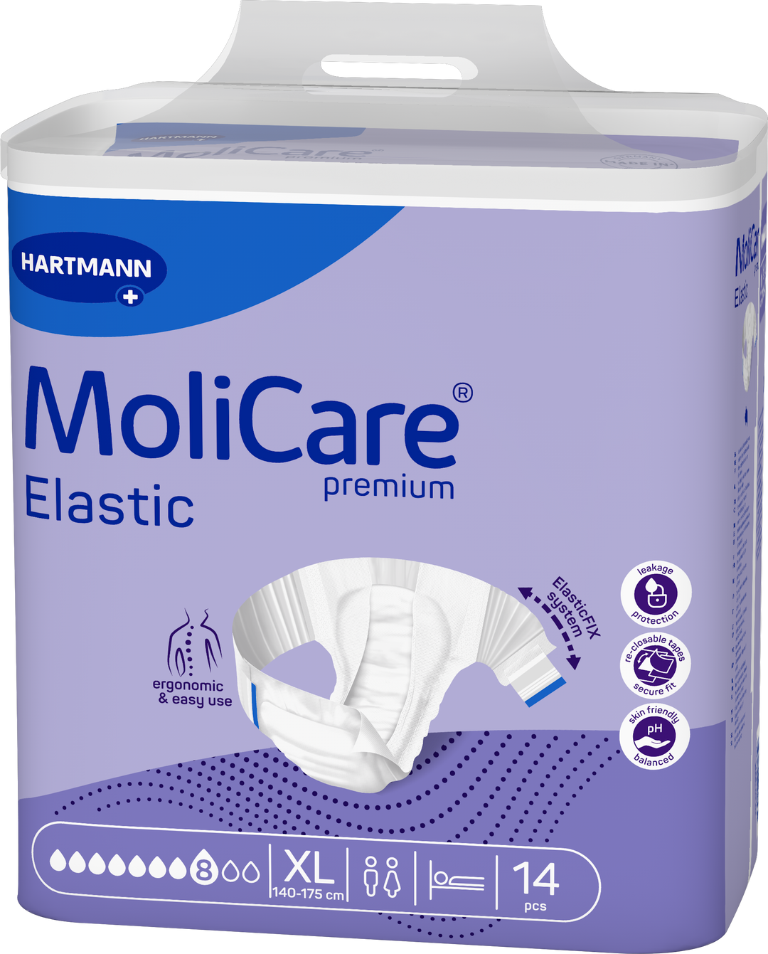 A package of Hartmann MoliCare Elastic premium incontinence underwear, size XL, containing 14 pieces. The packaging is light purple with a white top and bottom, featuring a graphic of the white elastic underwear in the center.