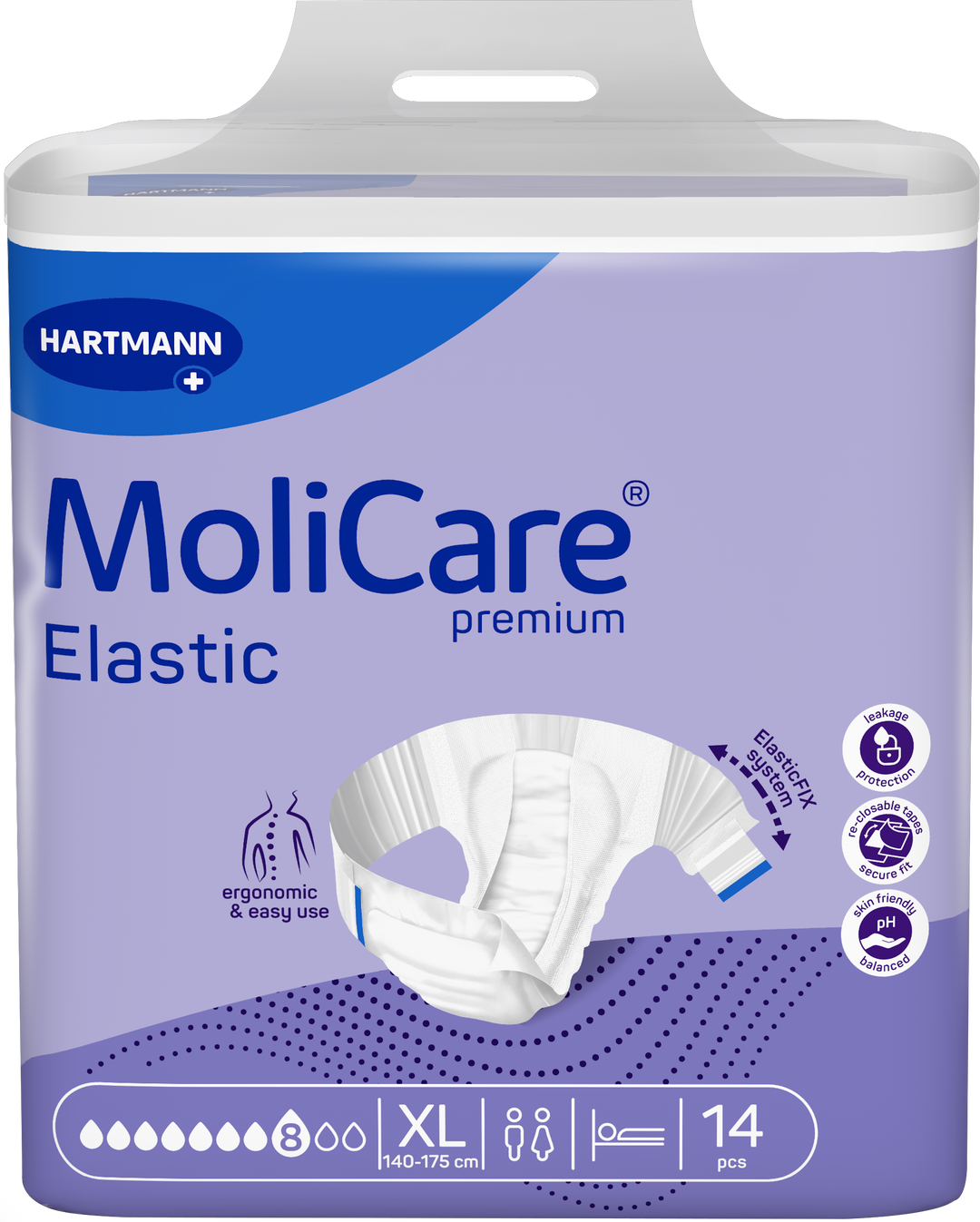 A package of Hartmann MoliCare Premium Elastic incontinence underwear, size XL, containing 14 pieces. The packaging is lavender purple with a white top and bottom, featuring a graphic of the white elastic underwear in the center.