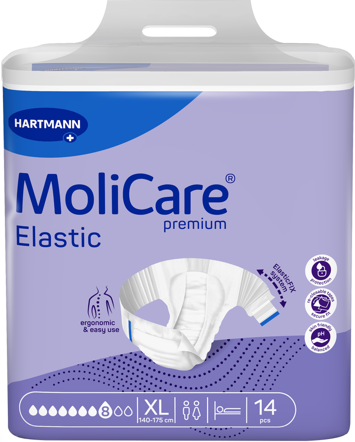 A package of Hartmann MoliCare Premium Elastic incontinence underwear, size XL, containing 14 pieces. The packaging is lavender purple with a white top and bottom, featuring a graphic of the white elastic underwear in the center.