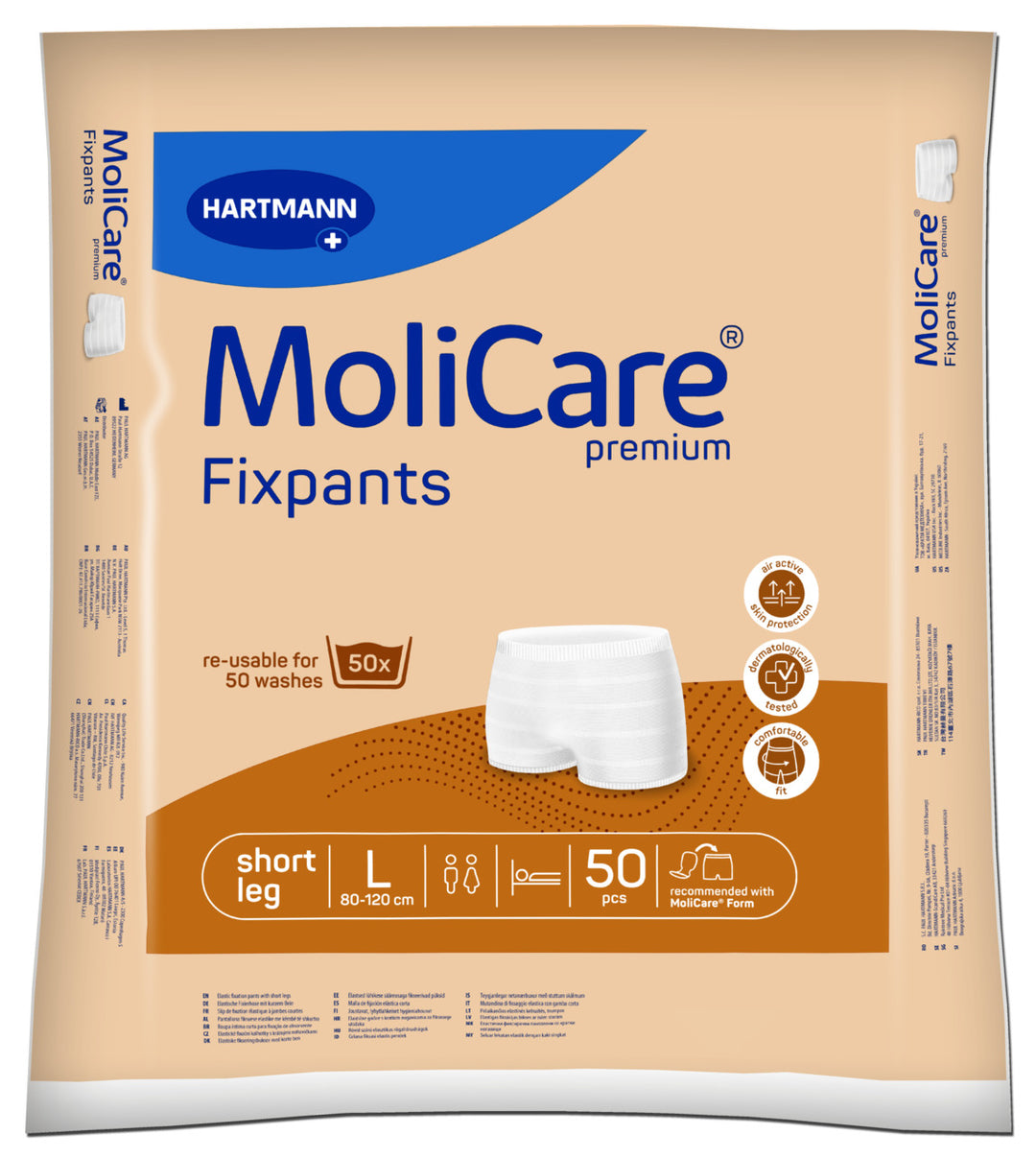 A package of Hartmann MoliCare Fixpants premium re-usable short leg underwear pads, size Large (L), containing 50 pieces. The packaging is beige with blue and brown branding elements and a graphic of the white underwear product.
