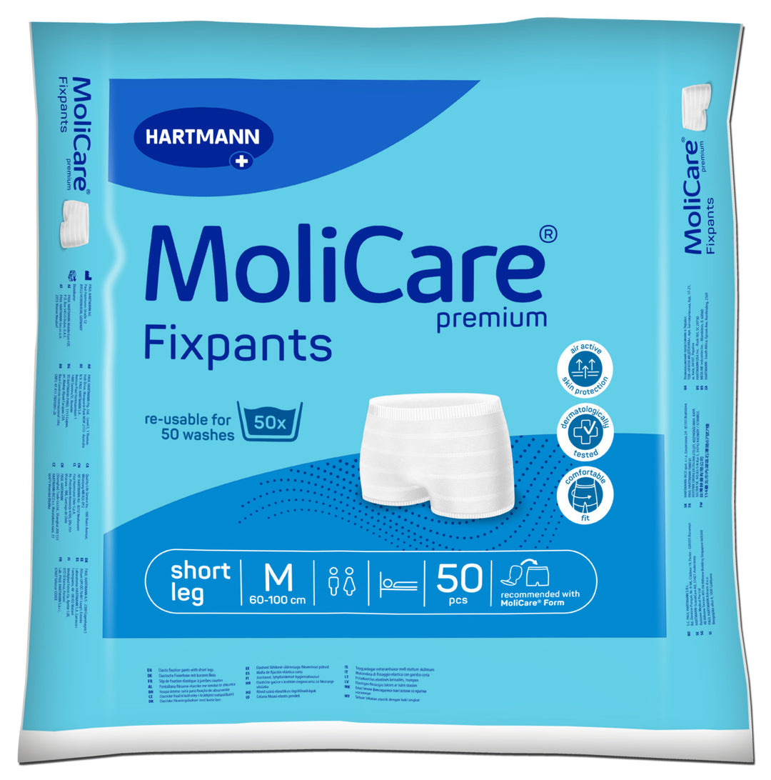 A package of Hartmann MoliCare Fixpants premium short leg in-use underwear pads, size M, quantity 50, in a light blue and dark blue bag with a graphic of white underwear.