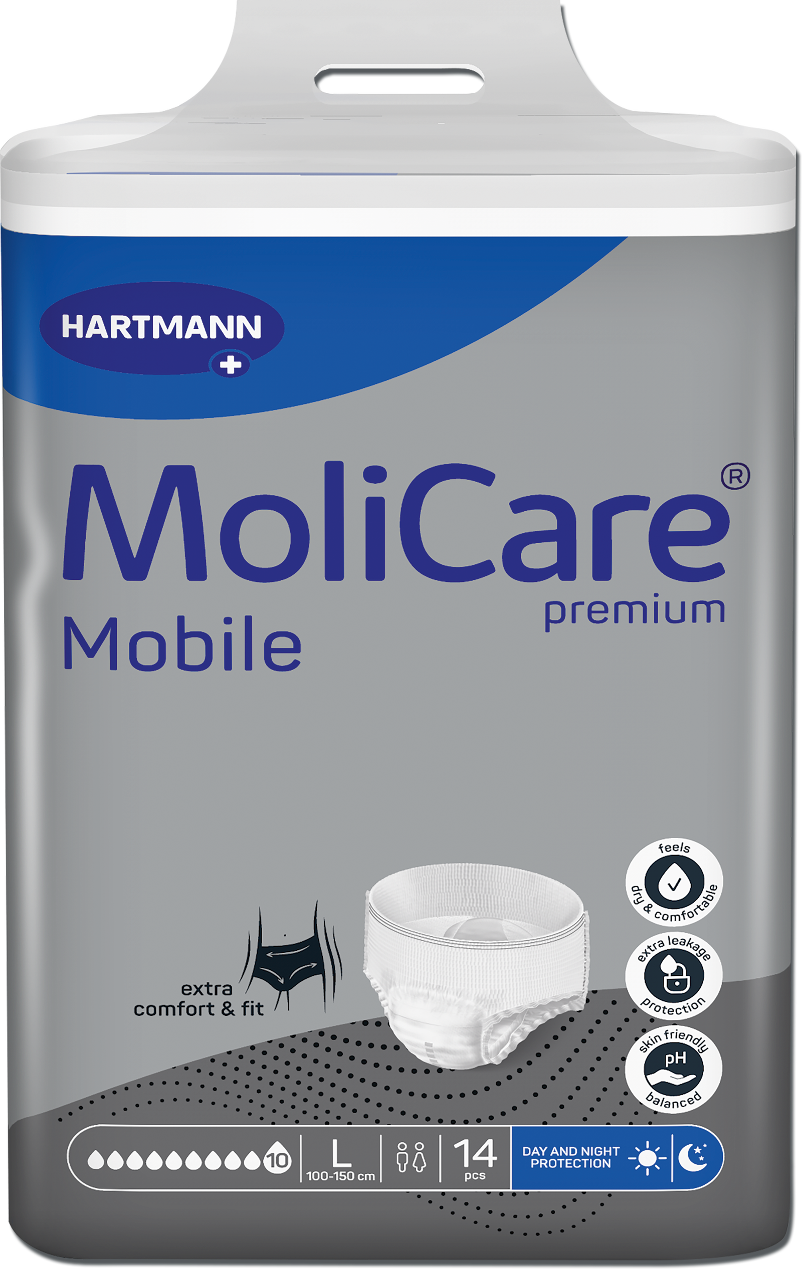 Front-facing package of Hartmann MoliCare Mobile premium diapers in size L, with a gray and white design, blue brand panel, and a small illustration of the diaper.