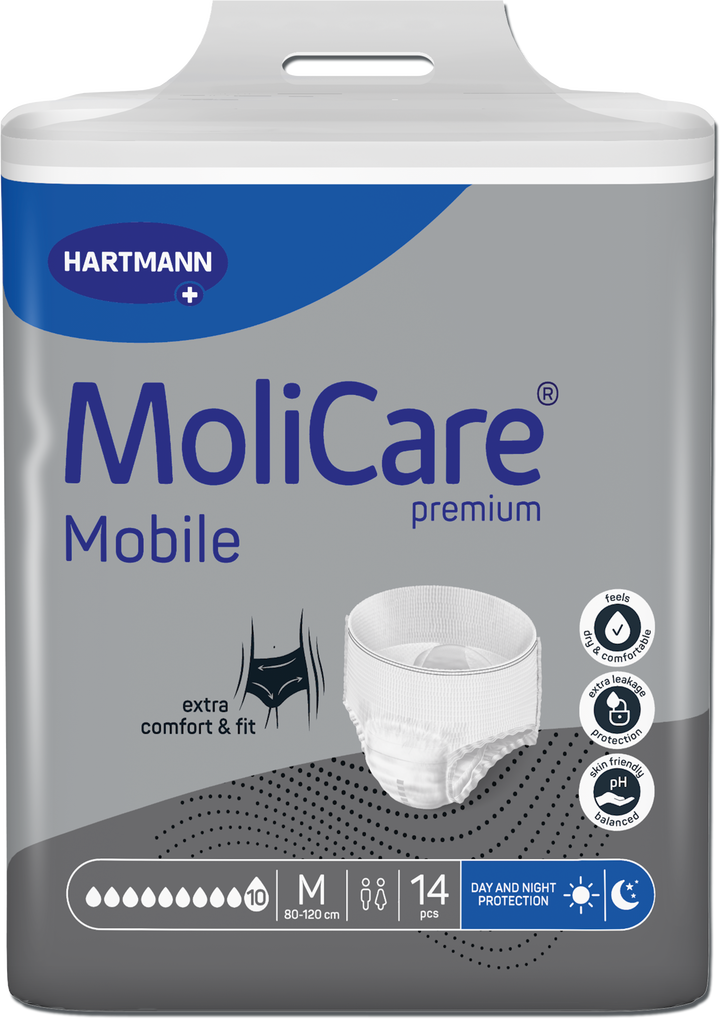 A package of Hartmann MoliCare Mobile premium incontinence underwear, size M, shown against a plain white background.