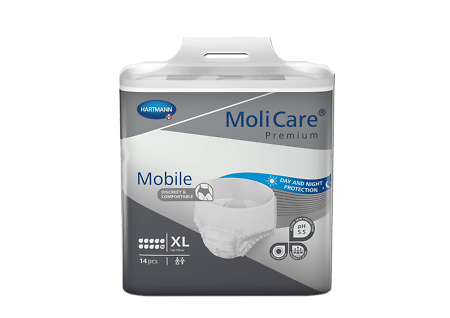 A package of MoliCare Premium Mobile XL incontinence pads, shown in a white and gray plastic container with a handle, on a solid green background.