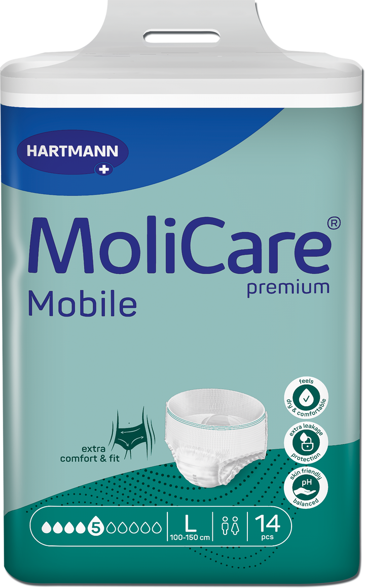 A package of Hartmann MoliCare Mobile premium incontinence pads, size Large (L), containing 14 pieces. The packaging features a teal and white design with a graphic of a white pad and various product feature icons.