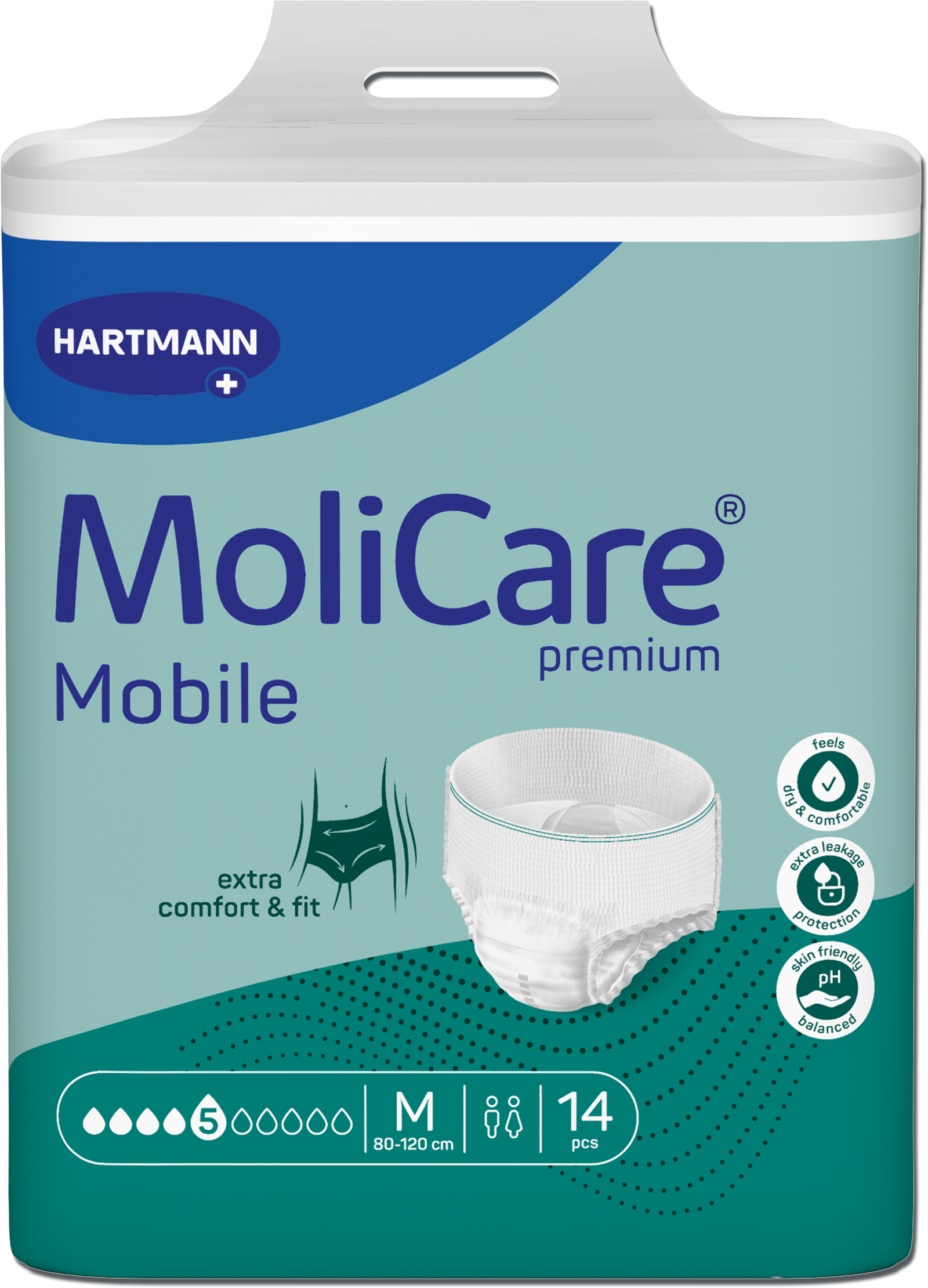 A package of Hartmann MoliCare Mobile premium incontinence pads, size M, containing 14 pieces. The packaging features a white top and bottom with a light teal and dark teal design, displaying a graphic of a white incontinence pad.