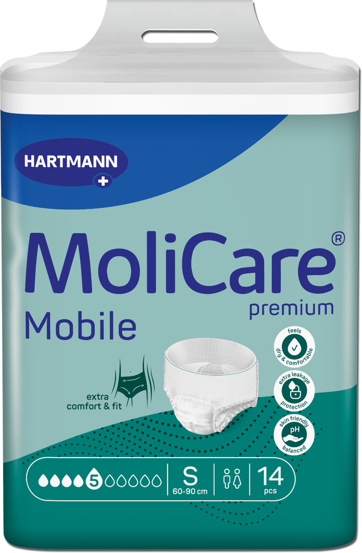 A package of Hartmann MoliCare Mobile premium incontinence underwear, size S, containing 14 pieces. The packaging features a teal and green design with a white top handle, displaying the product brand and a graphic of the white underwear.