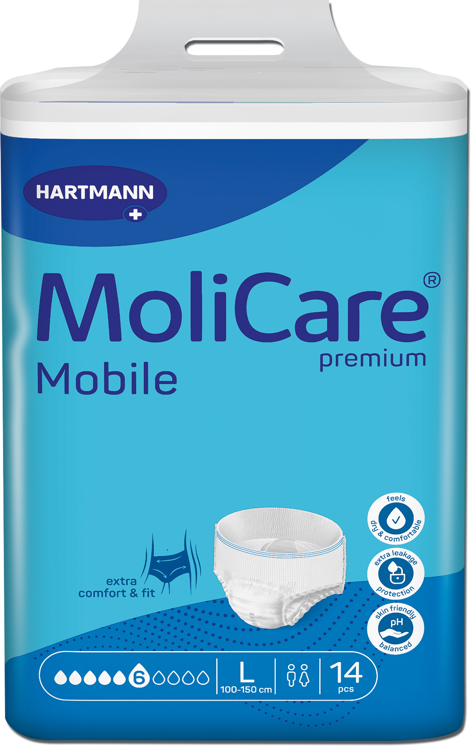 A package of Hartmann MoliCare Mobile premium incontinence underwear, size L, containing 14 pieces. The packaging is predominantly blue and white with a graphic of the diaper shown on the front.