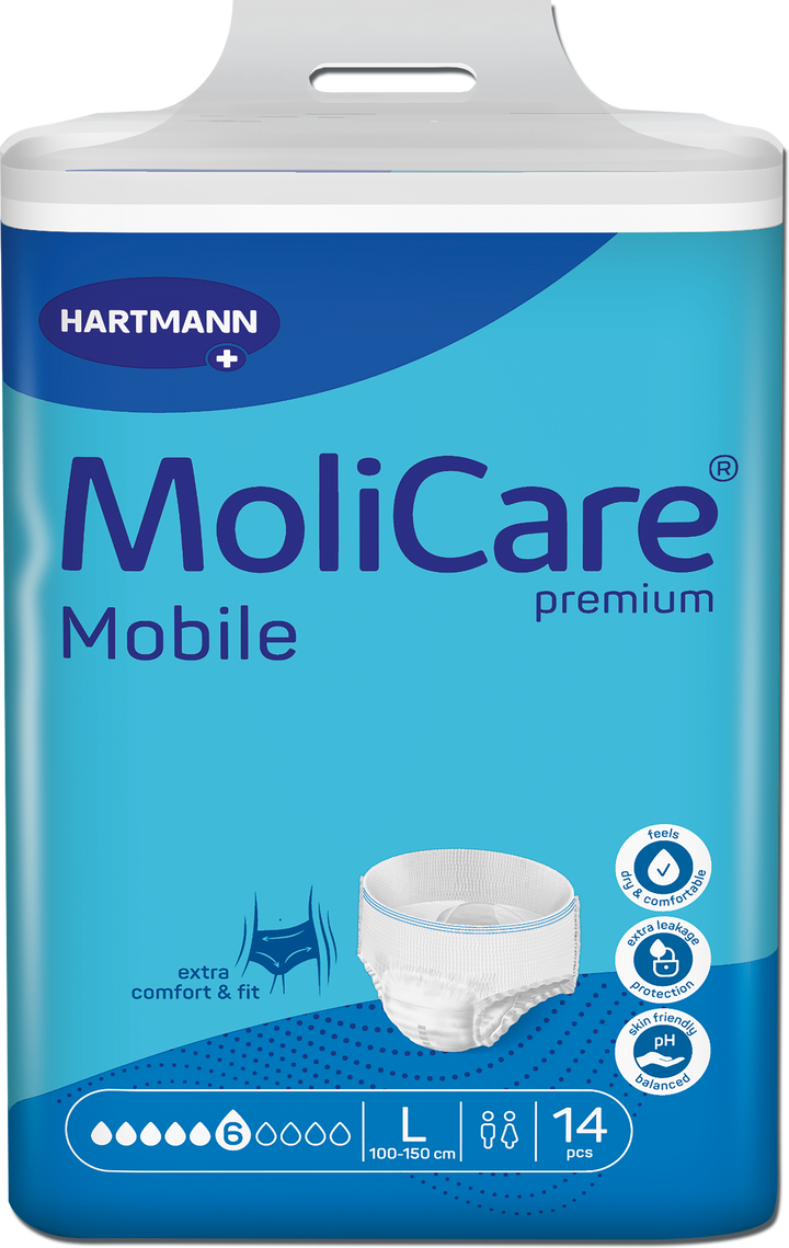 A package of Hartmann MoliCare Mobile premium incontinence underwear, size L, containing 14 pieces. The packaging is predominantly blue and white with a graphic of the diaper shown on the front.