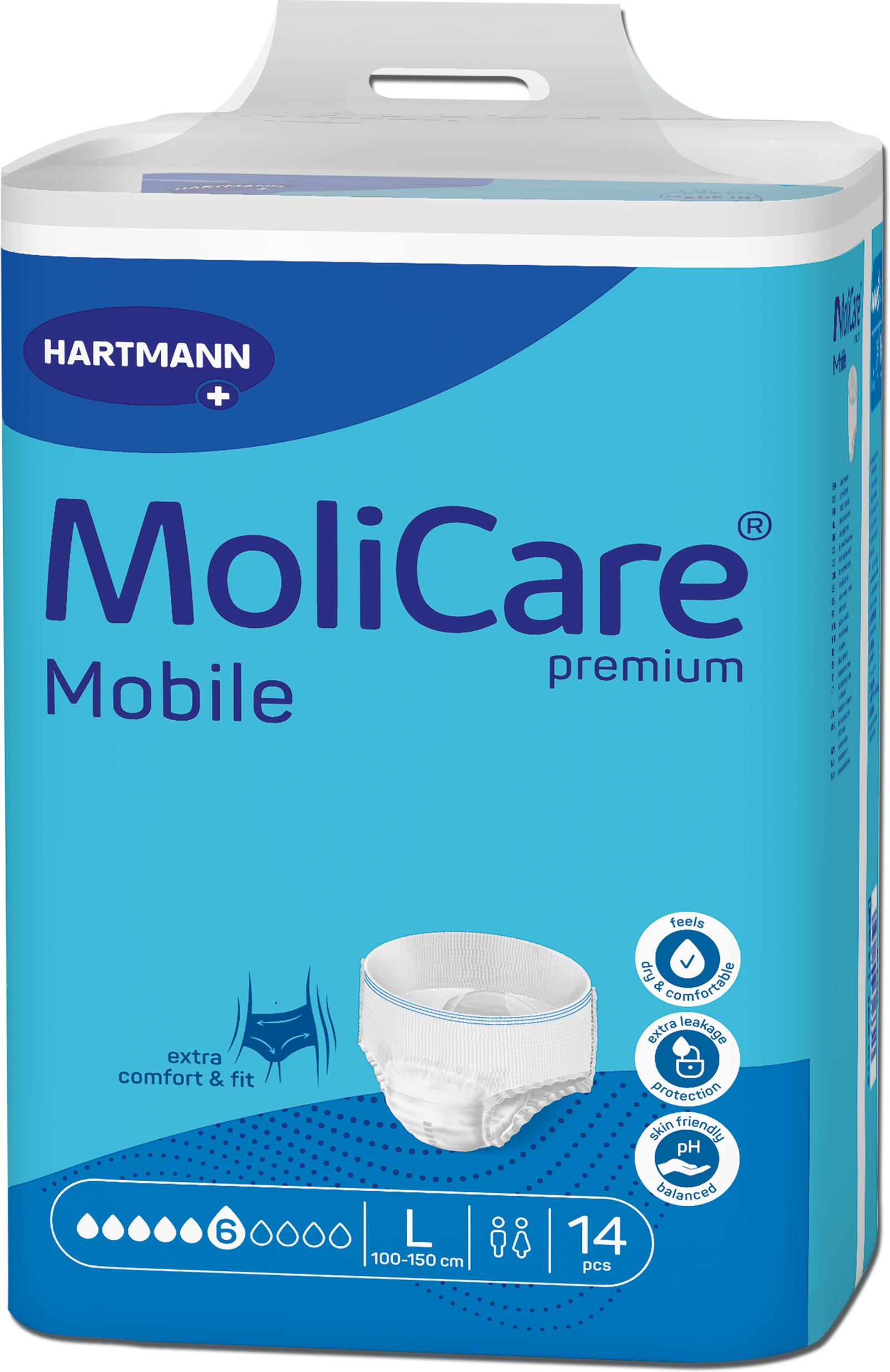 A package of Hartmann MoliCare Mobile premium incontinence underwear, size L, containing 14 pieces. The packaging is predominantly blue and white with a graphic of the diaper shown on the front.
