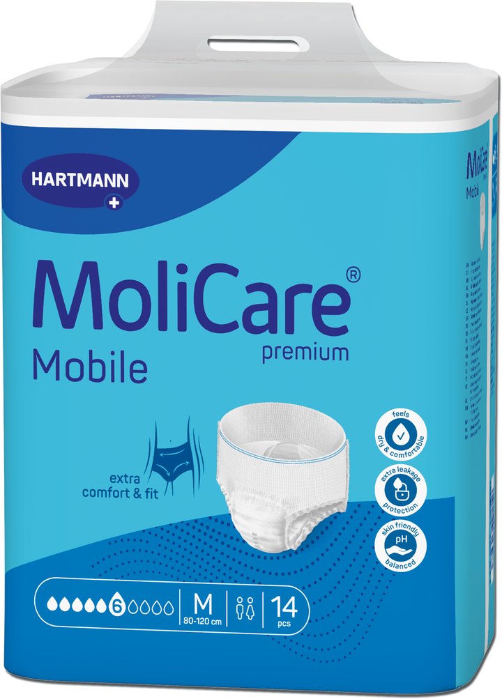 A package of Hartmann MoliCare Mobile premium incontinence underwear, size M, containing 14 pieces. The packaging is predominantly blue and white with a graphic of the diaper on the front.