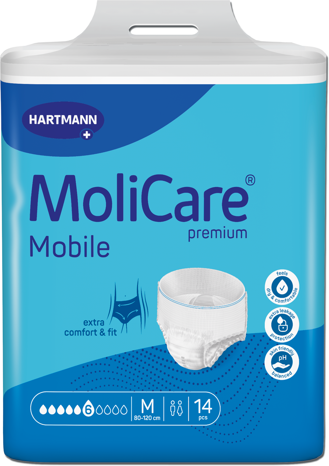 A package of Hartmann MoliCare Mobile premium incontinence pads, size M, containing 14 pieces. The packaging is predominantly blue and white with a graphic of a white pad on the front.