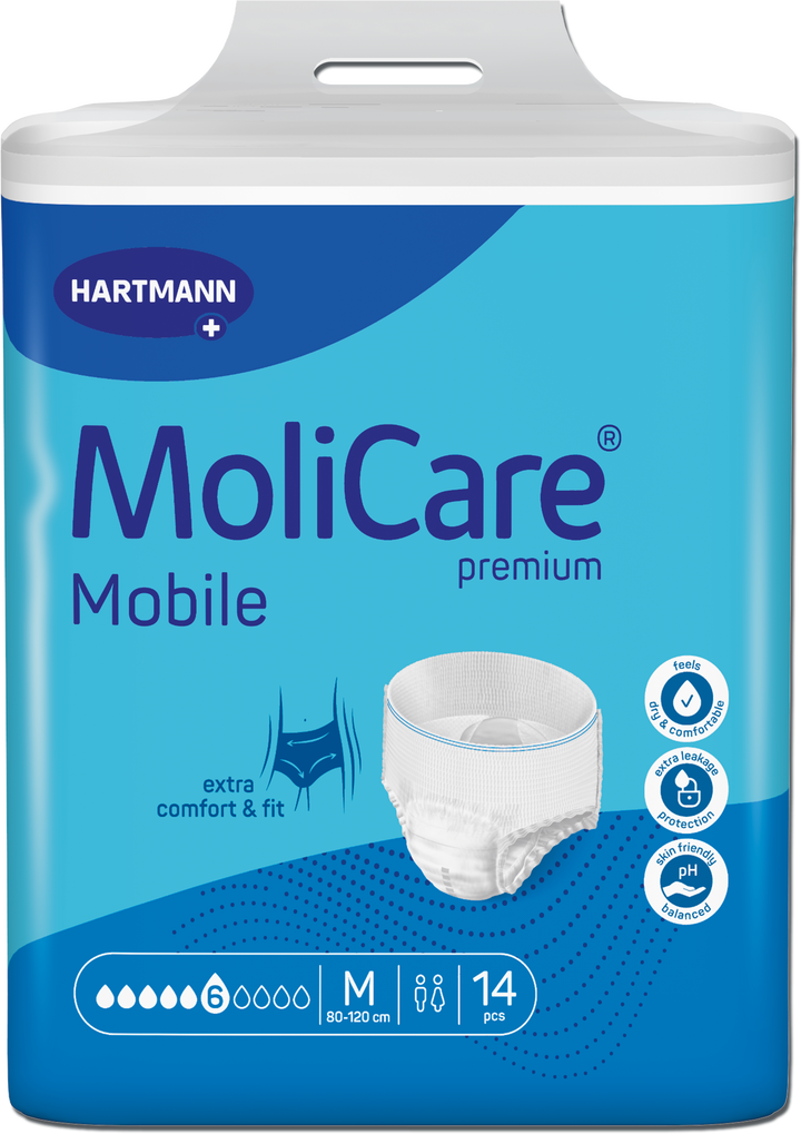 A package of Hartmann MoliCare Mobile premium incontinence pads, size M, containing 14 pieces. The packaging is predominantly blue and white with a graphic of a white pad on the front.