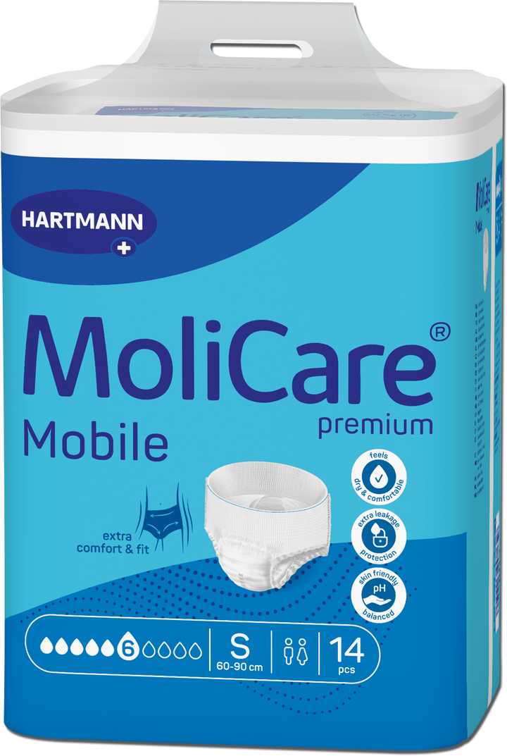 A package of Hartmann MoliCare Mobile premium incontinence pads, size S, containing 14 pieces. The packaging is predominantly blue and white with a graphic of a white pad on the front.