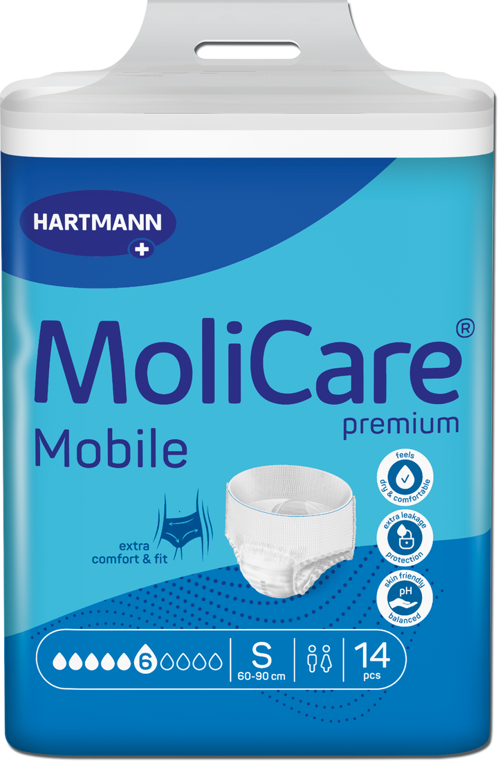 A package of Hartmann MoliCare Mobile adult incontinence pads, size XS, 14 count, in a blue and white plastic container with a handle.