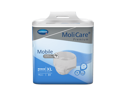 A package of Hartmann MoliCare Premium Mobile XL incontinence underwear, shown against a solid green background.