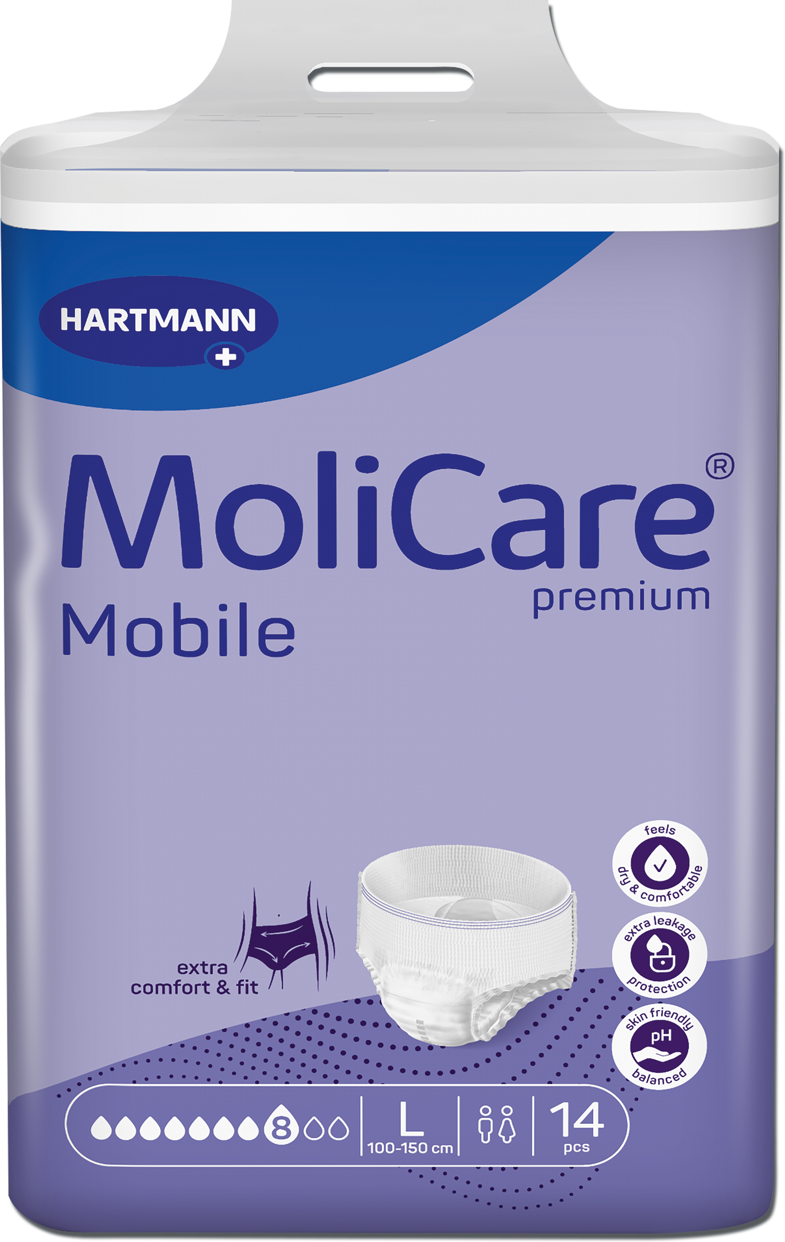 A package of Hartmann MoliCare Mobile premium incontinence underwear, size L, containing 14 pieces. The packaging is primarily lavender purple with blue accents and a graphic of the white underwear itself.