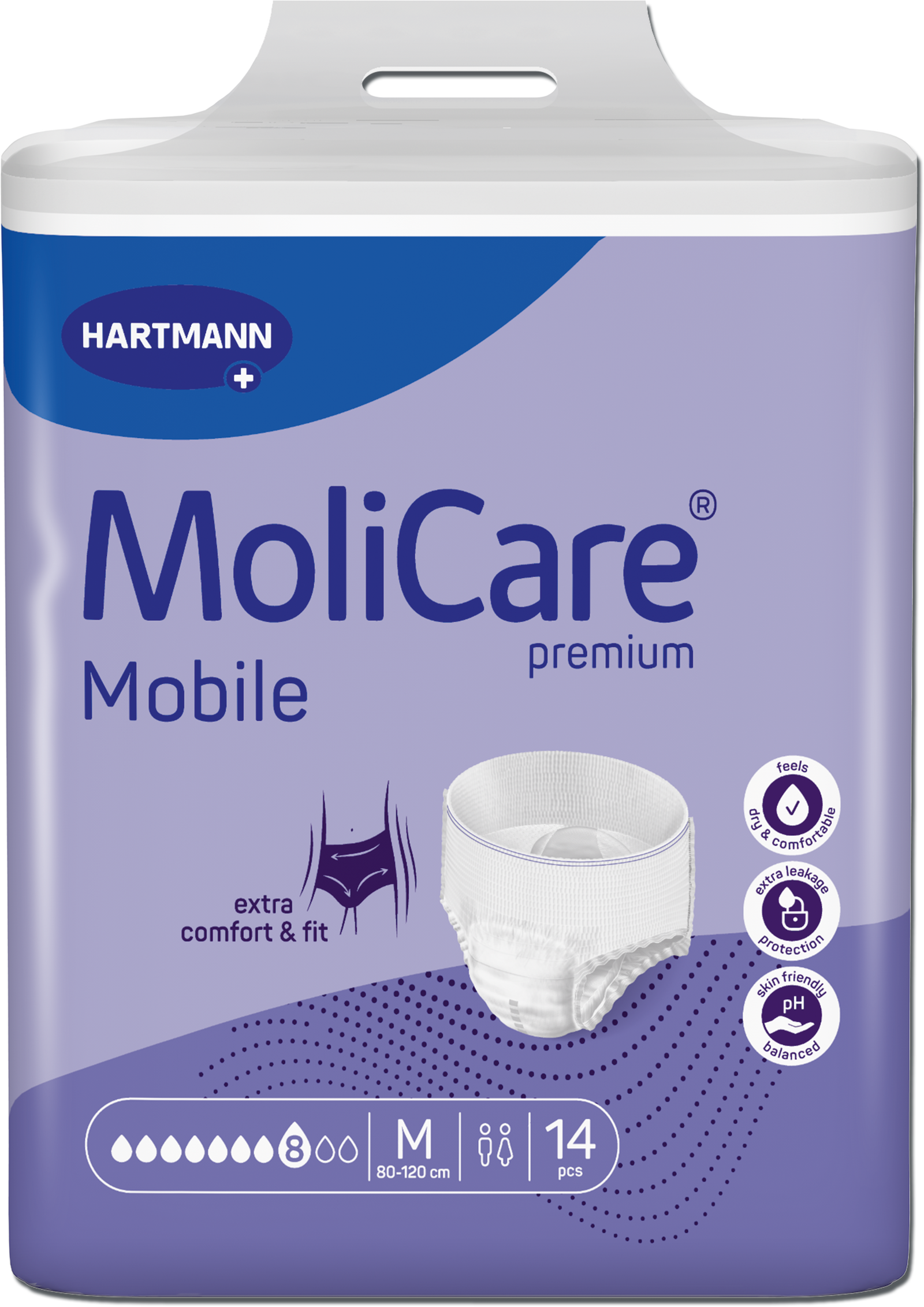 A package of Hartmann MoliCare Mobile premium incontinence underwear, size M, containing 14 pieces. The packaging is lavender purple with a white top and bottom, featuring a graphic of the white underwear and product details in German.