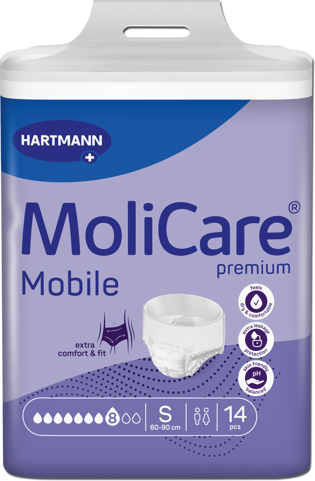A package of Hartmann MoliCare Mobile premium incontinence pads, size S, containing 14 pieces. The packaging is primarily lavender purple with a blue brand header and a graphic of a white pad.