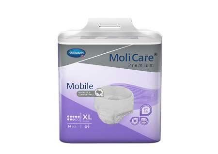 A package of Hartmann MoliCare Premium Mobile XL incontinence pads, shown in a white and purple plastic container with a handle, on a solid green background.