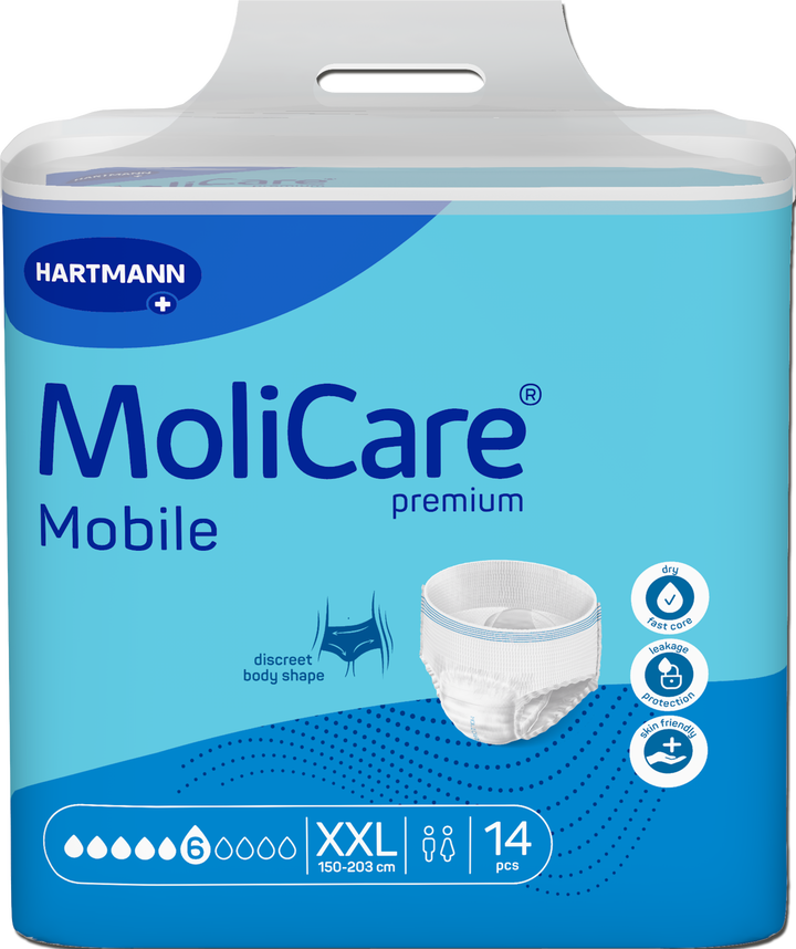A package of Hartmann MoliCare Mobile premium incontinence underwear, size XXL, containing 14 pieces. The packaging is light blue with dark blue branding and features an illustration of the product itself.