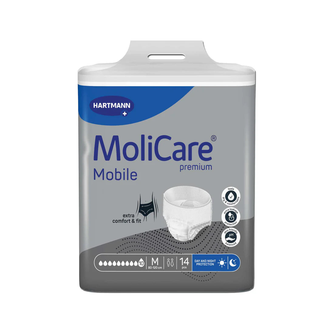 MoliCare Premium Mobile 10 Drops pack of 14 pieces for continence care, featuring absorbent design and discreet packaging.