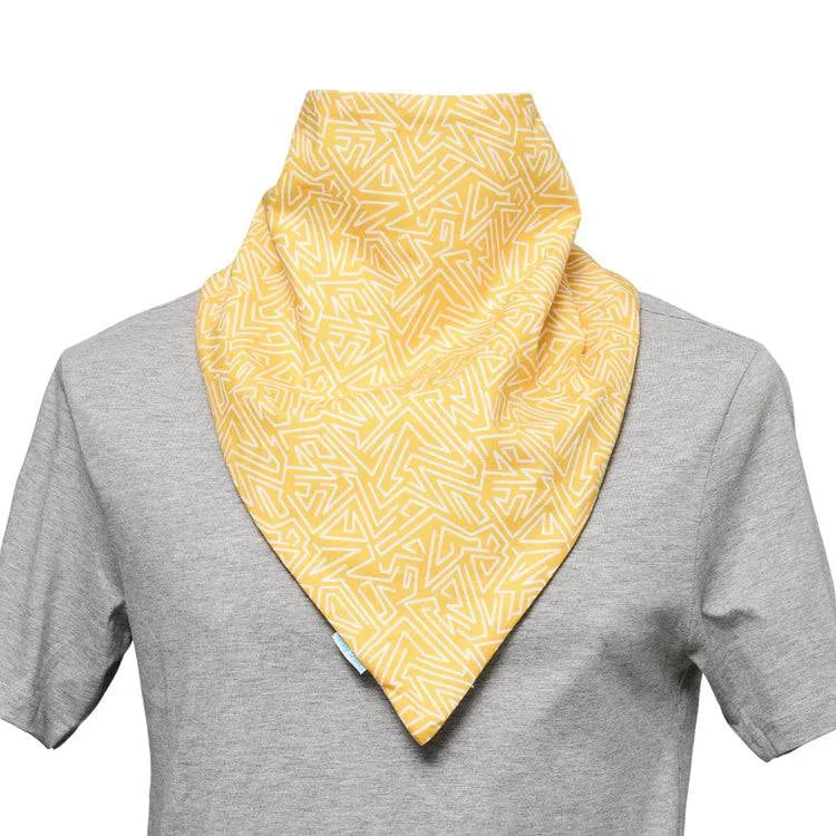 Mustard geometric Brolly Bandana waterproof and absorbent adaptive clothing accessory by Brolly Sheets, designed for comfort and protection.