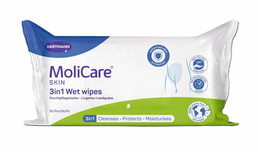 MoliCare Skin 3-in-1 Wet Wipes for skin care, showing soft, moist wipes with packaging in the image.