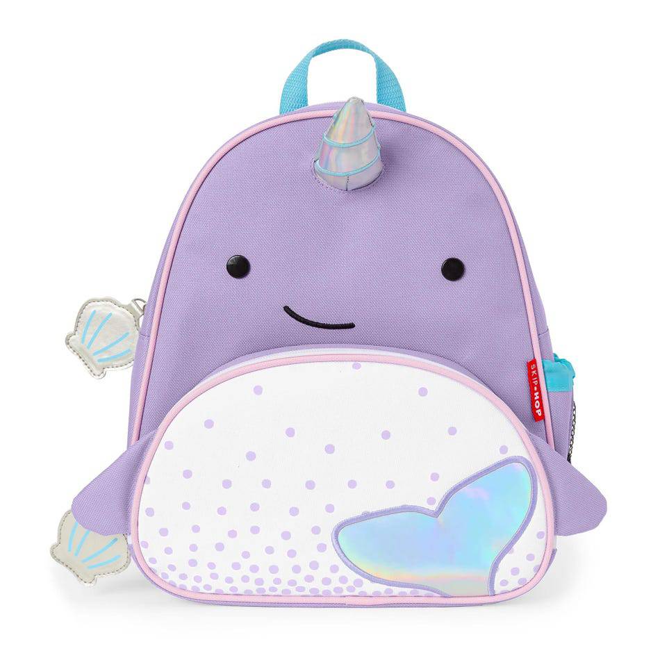 Colorful Narwhal-themed Tubie Fun modified backpack for nutrition, designed for easy access and comfortable wear.
