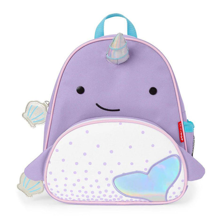 Colorful Narwhal-themed Tubie Fun modified backpack for nutrition, designed for easy access and comfortable wear.