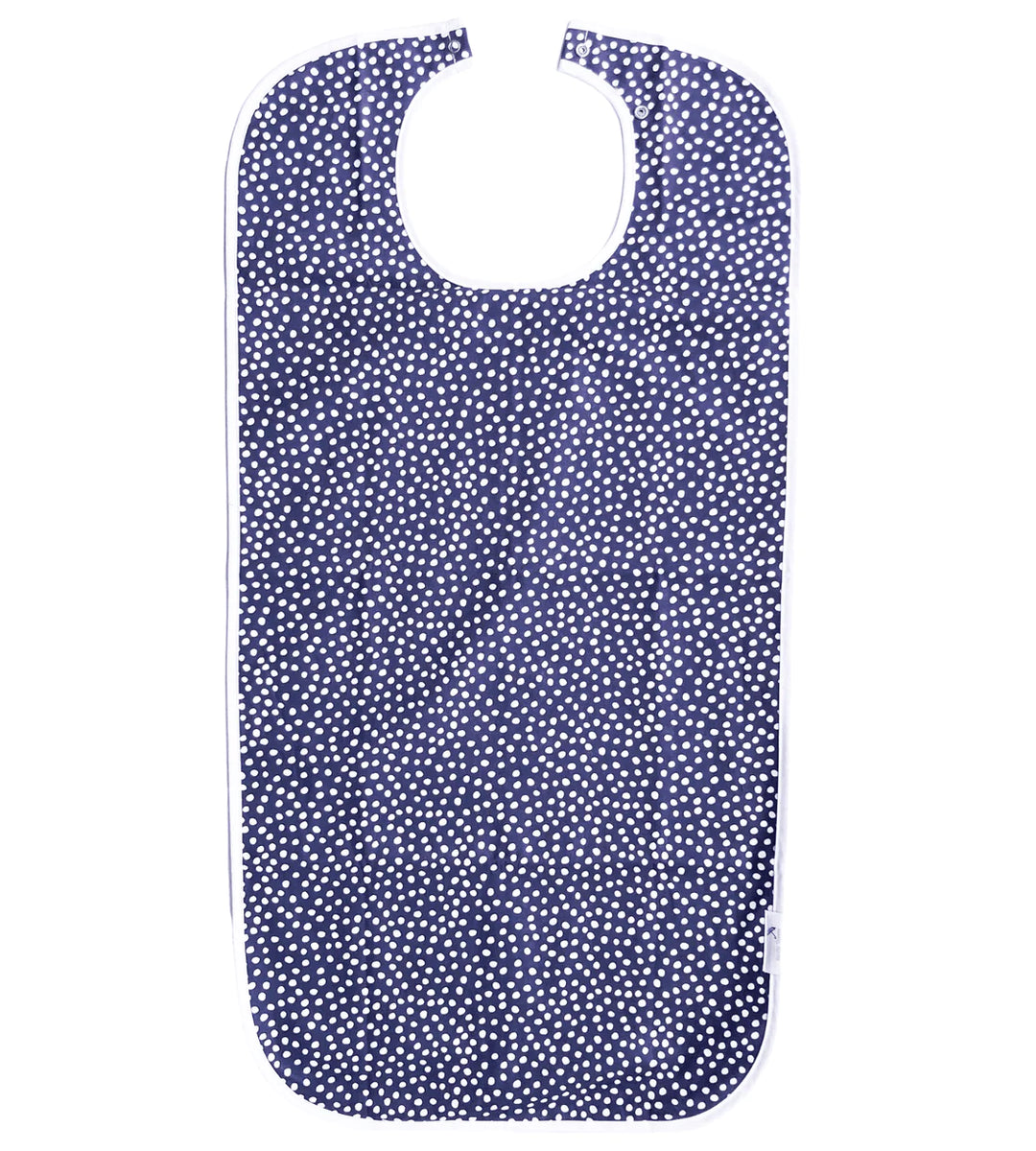 Navy dot Brolly Sheets feeding bib, an adaptive clothing accessory for mealtime protection, with waterproof and adjustable features.