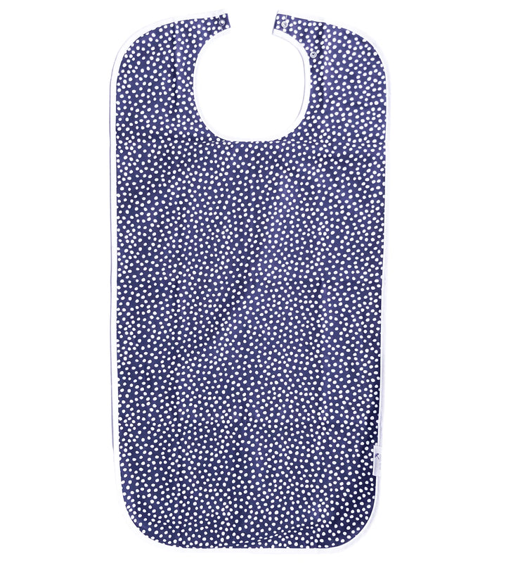 Navy dot Brolly Sheets feeding bib, an adaptive clothing accessory for mealtime protection, with waterproof and adjustable features.