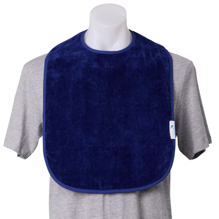 Navy Brolly Extra Absorbent Adult Bib from Brolly Sheets, made of soft, adaptive clothing material, displayed on a mannequin.