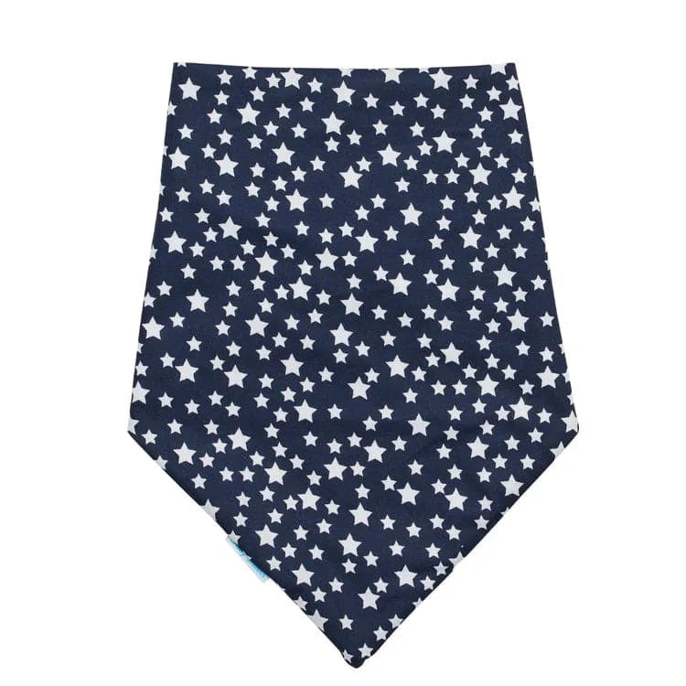 Navy star-patterned Brolly Bandana waterproof and absorbent adaptive clothing accessory for children by Brolly Sheets.