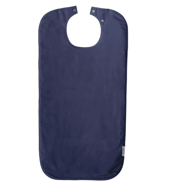 Navy Brolly Feeding Bib from Brolly Sheets, an adaptive clothing item with waterproof fabric for mealtime protection.