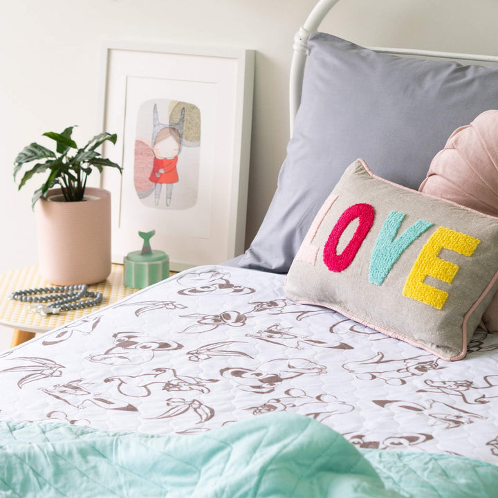 Conni Kids Bed Pad featuring Aussie Animals design, soft fabric, perfect for protecting beds and enhancing comfort.