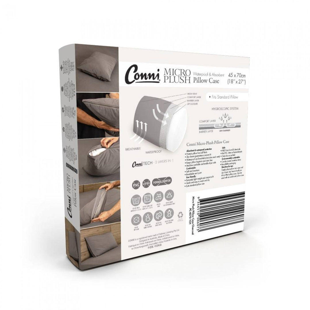 Conni Micro-Plush pillow protector in charcoal, Manchester style, featuring soft micro-plush fabric and secure fit.