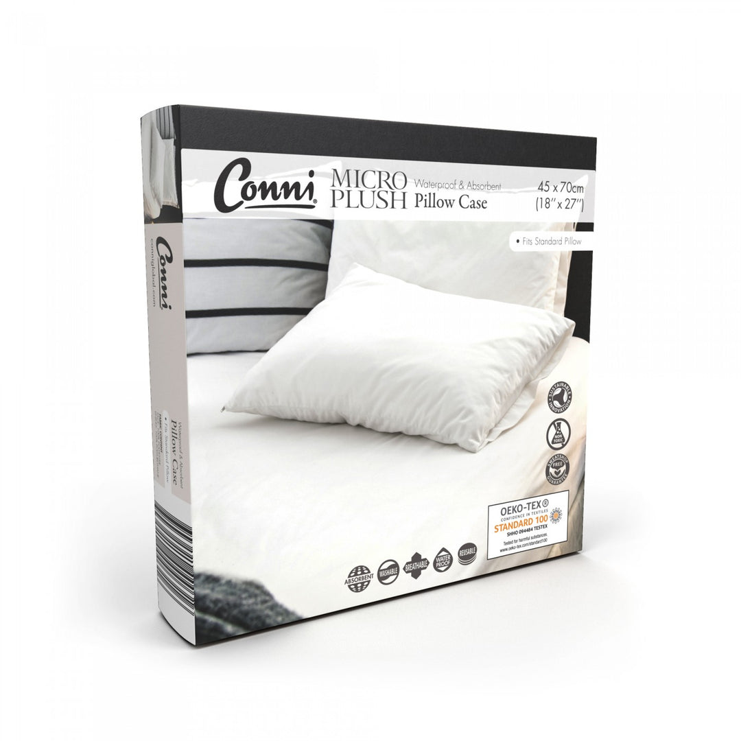 Conni Micro-Plush pillow protector in white, Manchester-style, designed to keep pillows clean and protected.