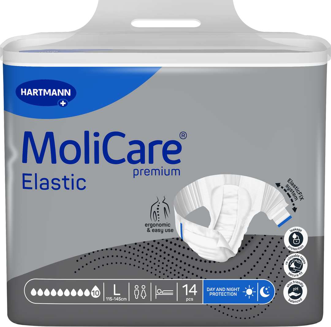 Hartmann MoliCare Premium Elastic incontinence underwear in a 14-piece pack, shown in its retail packaging with a white and gray design and blue accents.